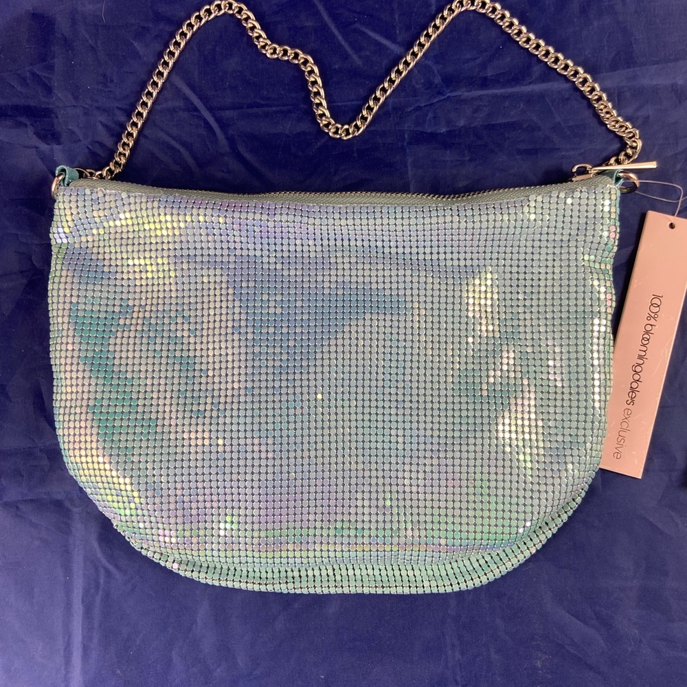 NWT Bloomingdale’s Aqua Bag A-Ellie Air Blue Green Mesh Baguette Shoulder Purse - Picture 2 of 13